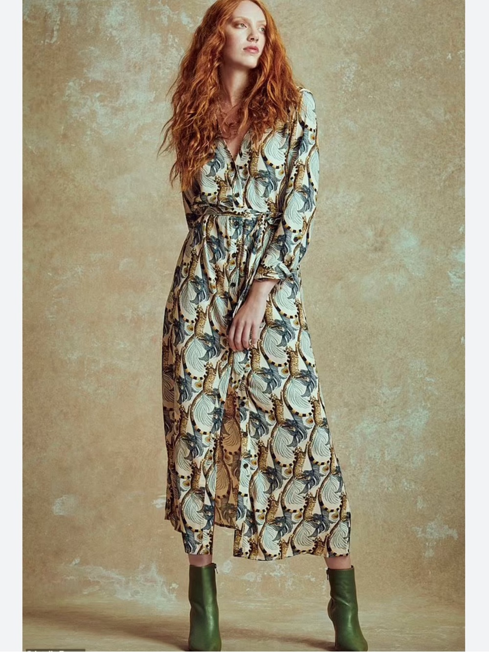 Temperley London x Anthro Cream, Green & Tan Leopard & Feather Print Shirtdress
